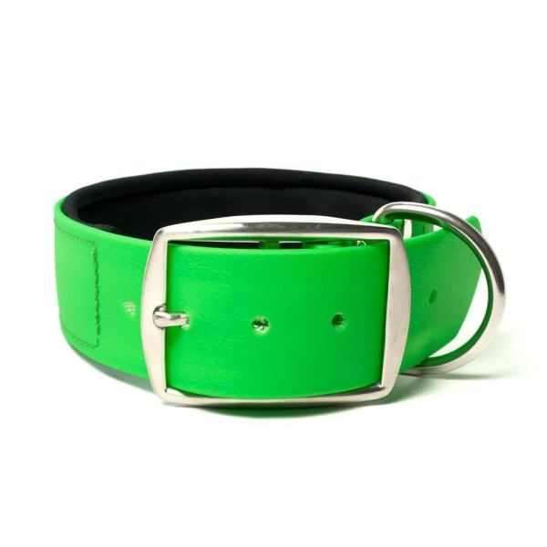 Mystique® Biothane Halsband Deluxe Neopren 38mm rostfrei neon grün 50-58cm