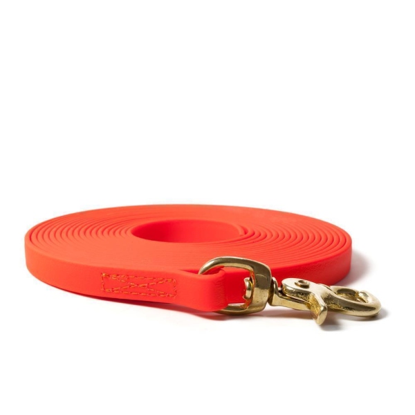 Mystique® Biothane Schleppleine 13mm vernäht mit HS Messing Scherenkarabinerhaken beta neon orange 20m