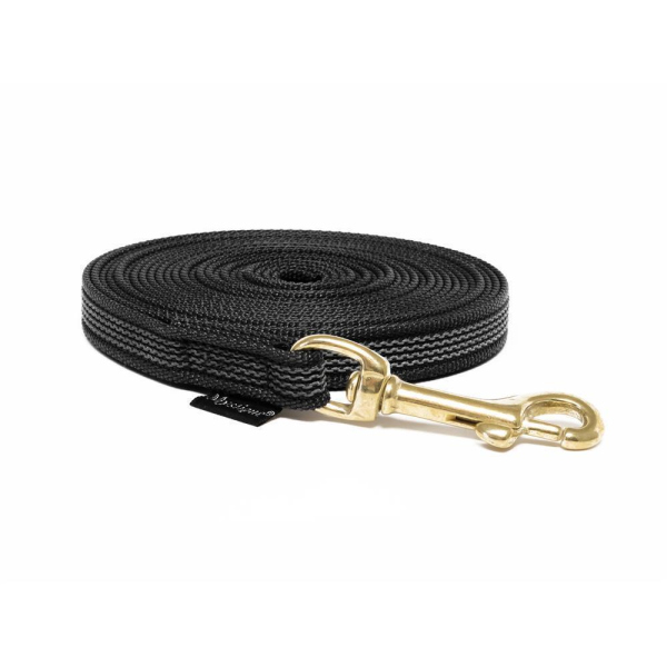 Mystique® Gummierte Schleppleine 15mm mit Handschlaufe Messing Karabiner schwarz 7,5m