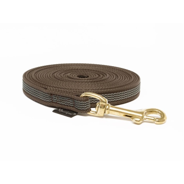 Mystique® Gummierte Schleppleine 15mm mit Handschlaufe Messing Karabiner braun 20m