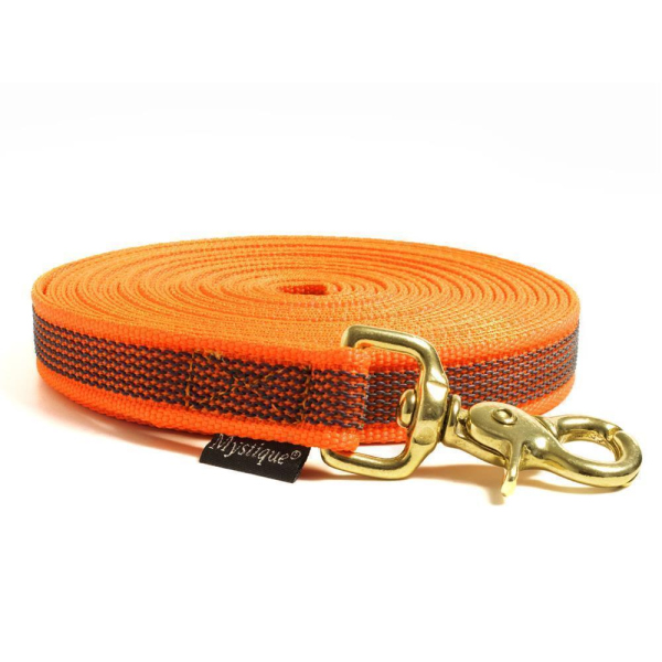 Mystique® Gummierte Schleppleine 20mm mit Handschlaufe Messing Scherenkarabiner neon orange 15m