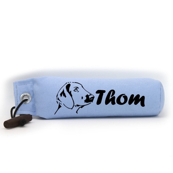 Mystique Dummy Einzel Name Forte hellblau Flat Coated Retriever Kopf