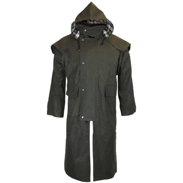 Walker and Hawkes Herren gewachster Mantel Stockman mit Kapuze – Olive L