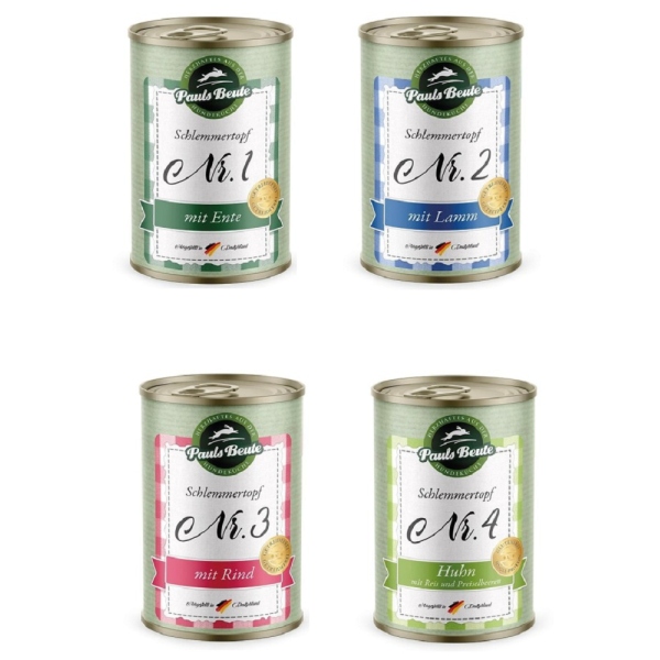 Pauls Beute Schlemmertopf Set 4x400g Nassfutter Hund Ente Lamm Rind Huhn