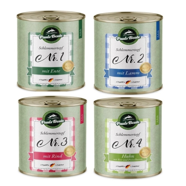 Pauls Beute Schlemmertopf Set 4x800g Nassfutter Hund Ente Lamm Rind Huhn