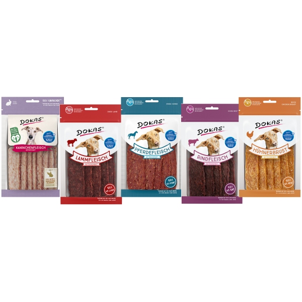 DOKAS – Fleischmix 5 Sorten – Lamm, Rind, Huhn, Kaninchen & Pferd (4x70g + 60g)