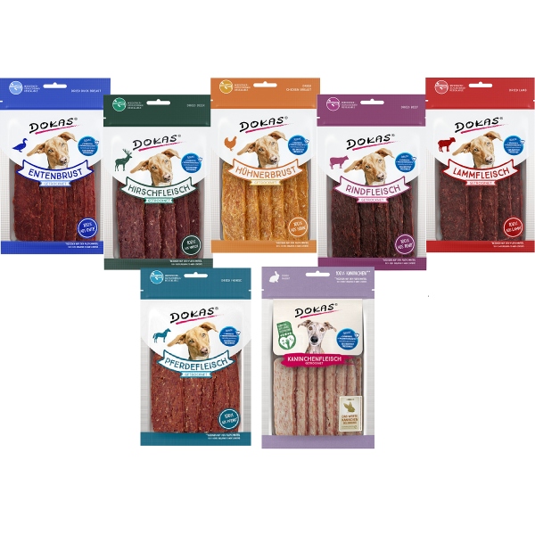 DOKAS – Fleischmix 7 Sorten – Lamm, Rind, Huhn, Ente, Kaninchen & Pferd, Hirsch (5x70g + 2x60g)